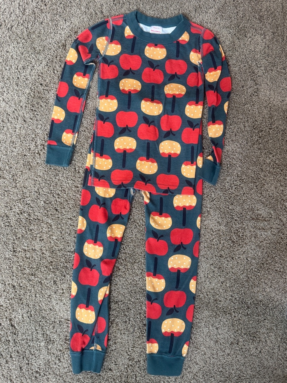Hanna Andersson Teal Kids Pajama Set with Red and Yellow Apple Print